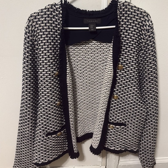Tahari Navy Blue + White Cardigan - Picture 5 of 5